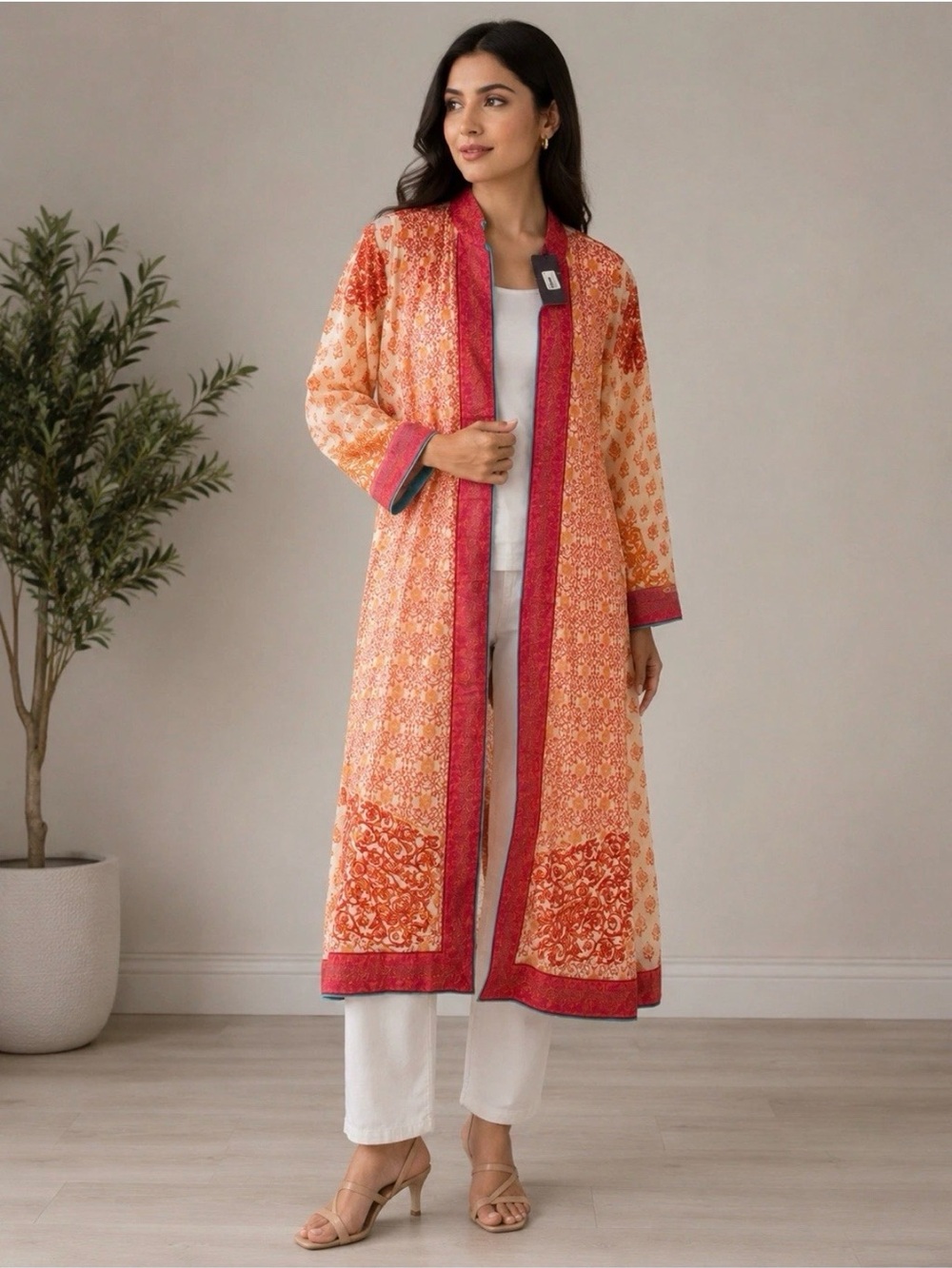 Alkaram Studio Women L Long Open Front Kurta Jacket Pink Orange Print NWT A14